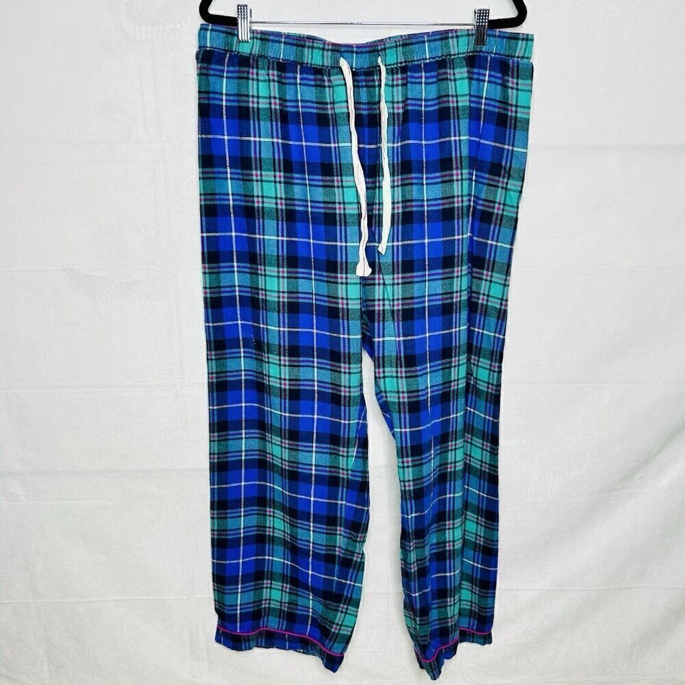 Lands' End Women's Sz XL (18) Cotton Flannel Pajama Pants Blue Plaid Drawstring